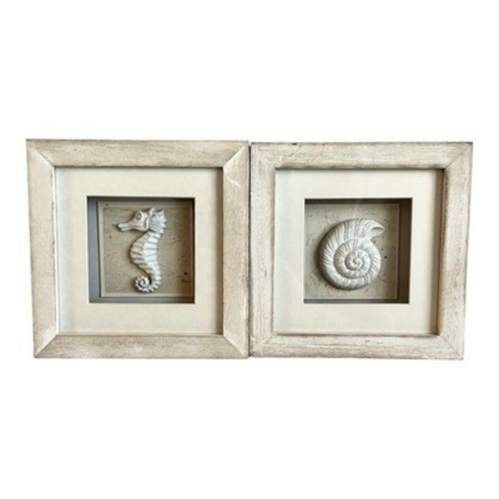 Unison Gifts Coastal Nautilus Seahorse White Shadow Box Wall Art Set of 2 6"x6"